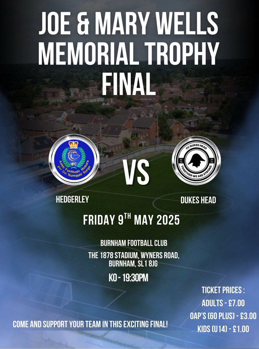 🏆 CUP FINAL 🏆

Come and support the boys!!!

🆚 <a href="/fcdukeshead/">FC Dukes Head</a> 
📆 Friday 9th May
🏟️ Burnham Football Club, SL1 8JG
⏱ 19:30
🏆 Joe &amp; Mary Wells Memorial Trophy Final
🎟️ Ticket Prices;
Adults - £7
OAP’s (60 plus) - £3
Kids (U14) - £1

⚽️🦔🔵🔴🟠