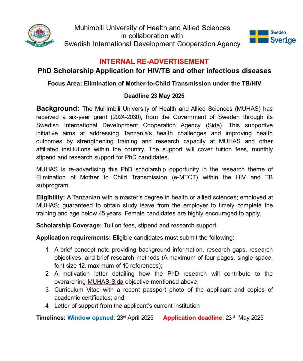 *PhD Scholarship Application for HIV/TB and other infectious diseases*

Application deadline: 23rd May 2025

Submit your application to the office of Director for Research, Publications, and Innovation (DRPI) as one PDF and through the following link: 

forms.gle/yLj2XK2YkcPB2F….