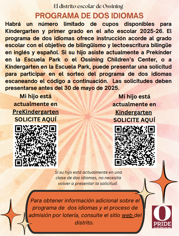 🌟 Exciting Opportunity! 🌟
The Ossining Union Free School District's Dual Language Program is now accepting applications for the 2025-26 school year for a limited number of seats in our kindergarten and 1st grade program. Click here to learn more- drive.google.com/file/d/18GV1bR… #opride