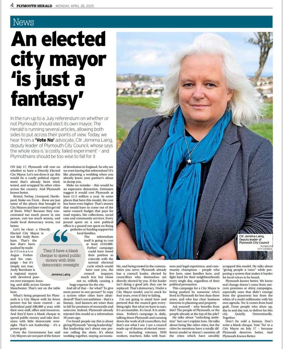 And here's a piece I wrote for the Herald today about why I don't think anyone directly elected mayor is the right thing for Plymouth

Have a read ⬇️