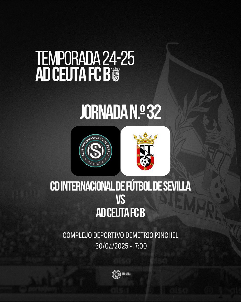 ¡Próximo partido! ⚔️ 

🏆 J32
🆚 CD Internacional de Fútbol de Sevilla
🏟️ Complejo deportivo Demetrio Pinchel 
🗓️ Miércoles 30-04
⏰ 17:00

¡Vamos Ceuta B! 💪

#InterSevillaCeutaB 
#SiempreADCeutaFC ⚪️⚫️