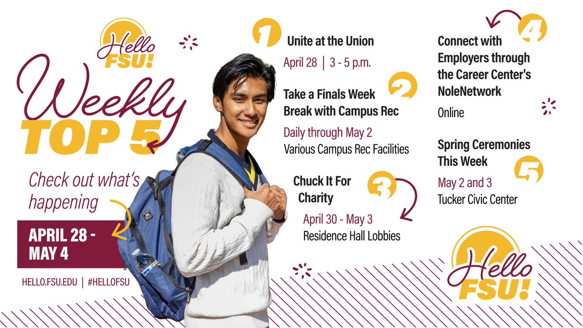 #HelloFSU! Here's your final Weekly Top 5 to close out the semester. Unite at the Union, take a study break with Campus Rec, donating items during Chuck It for Charity, network with employers and prepare for your job hunt on NoleNetwork, and Graduation is this Friday &amp; Wednesday!