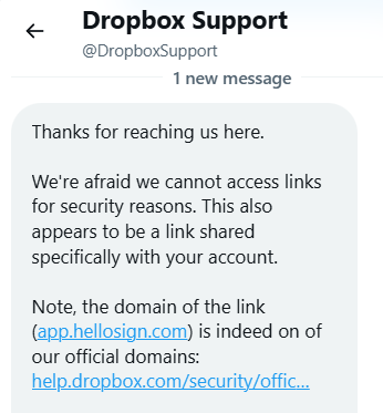 ericlaw's tweet image. In which Dropbox Support explains that it's too risky for them to load the content they serve to victims. 😂