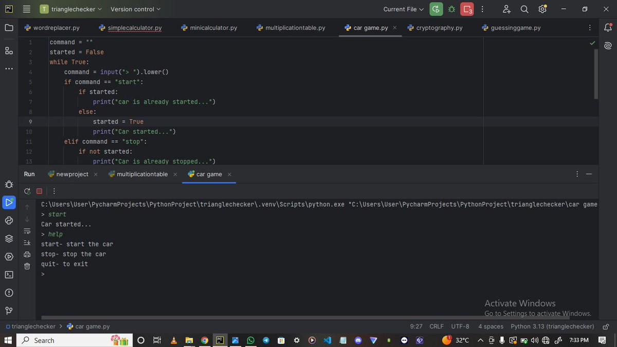 Bennett30_'s tweet image. Day 3 of coding in Python. I applied principles of conditionals, loops and user inputs to simulate a car game that operates based on user inputs.
#Pythonisamazing ❤