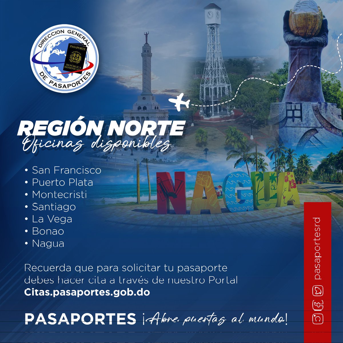 A todos nuestros usuarios de la Región Norte, los vemos muy tranquilitos comprando vuelos, ¿Ya verificaron si su pasaporte está vigente?

Les recordamos que tenemos citas disponibles en todas nuestras oficinas.

Agenda tu fecha y hora deseada en nuestro portal