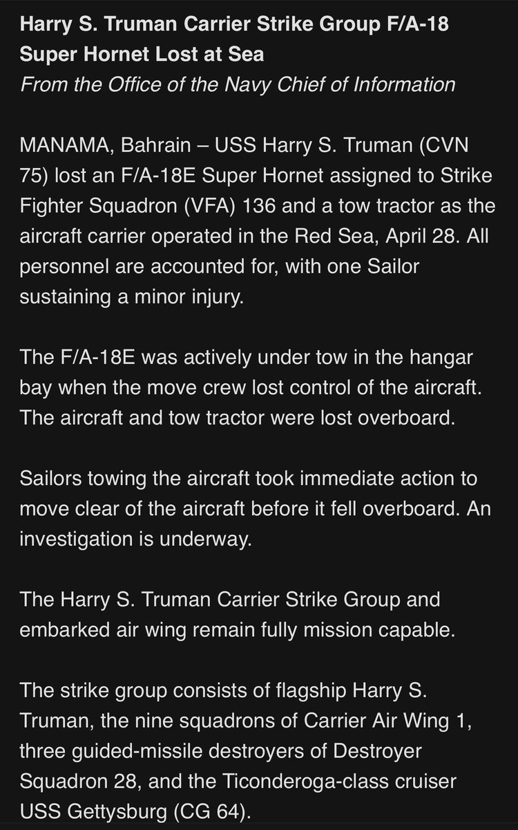 Jim LaPorta (@jimlaporta) on Twitter photo From my colleague <a href="/charliecbs/">Charlie D'Agata</a> at the Pentagon: the USS Truman lost an F/A-18E Super Hornet. From my colleague <a href="/charliecbs/">Charlie D'Agata</a> at the Pentagon: the USS Truman lost an F/A-18E Super Hornet.