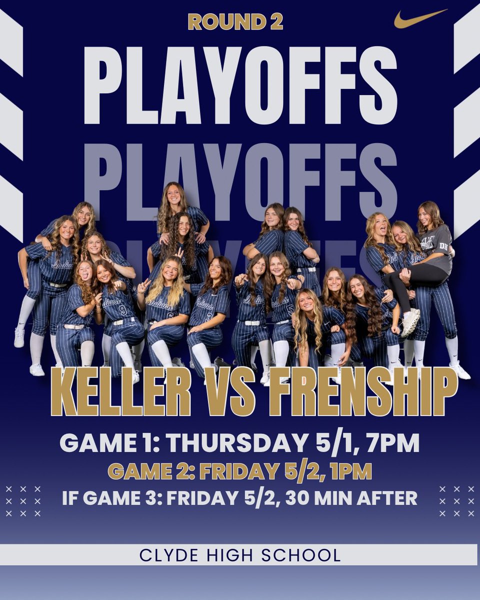 Round 2, here we come!
We’re headed west to Clyde High School for a best-of-3 series vs Frenship!
Game 1 kicks off Thursday at 7 PM — Let’s go, Lady Indians!

#KellerSoftball #OneTeamOneDream