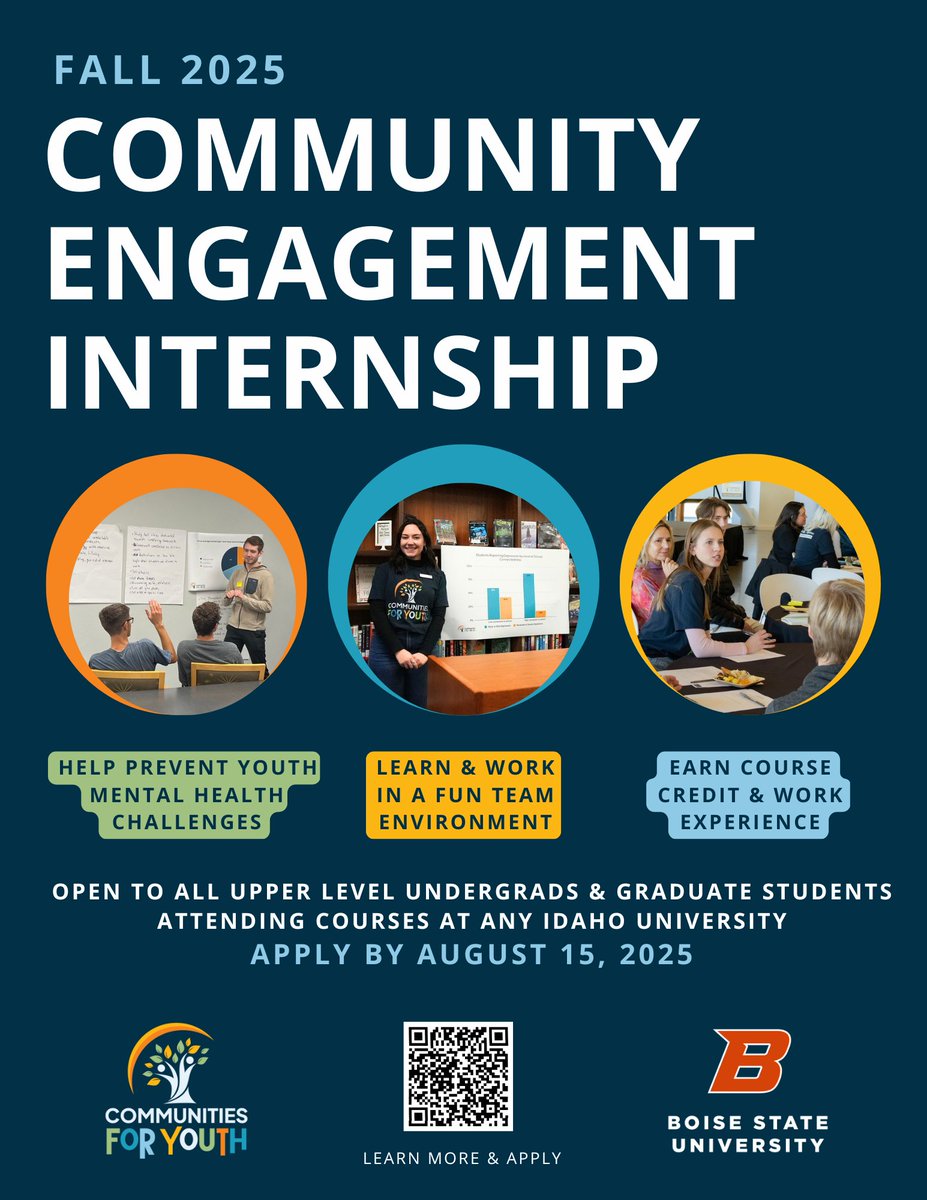 Looking to gain some hands on experience this fall?

Communities for Youth interns will facilitate small groups, conduct focus groups, collect data on youth mental health, and assist in initiative events in various communities across Idaho. 

Learn more: docs.google.com/document/d/1Ly…