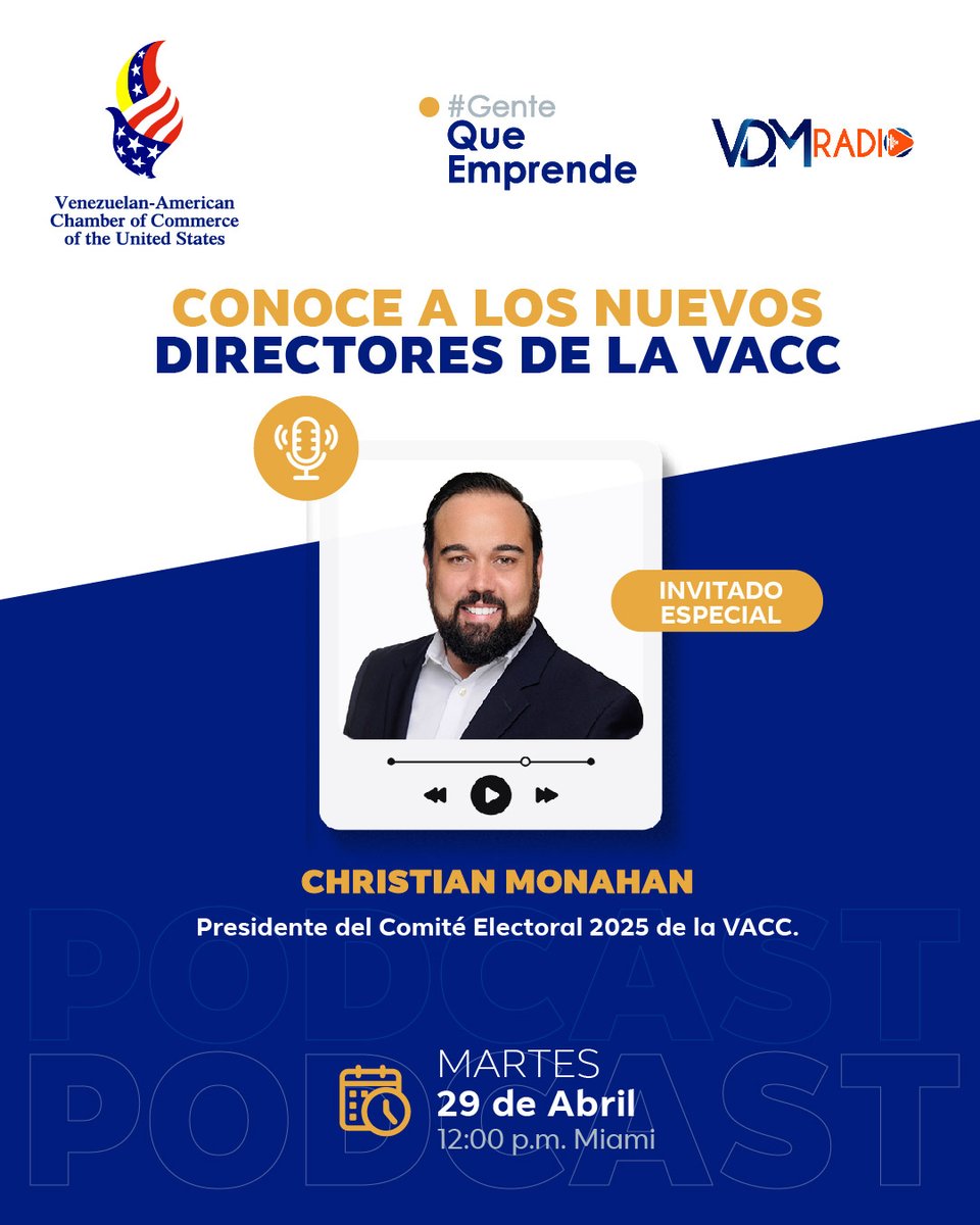 🎙Esta semana #GenteQueEmprende tiene como invitados especiales a los Nuevos Directores de la Venezuelan-American Chamber Of Commerce.

✅ Pablo J. Pérez Barreiro
✅ Raúl Stolk
✅ Arivana Rangel

👉🏻 Acompañados por el Líder del Comité Electoral de la VACC, Christian Monahan.