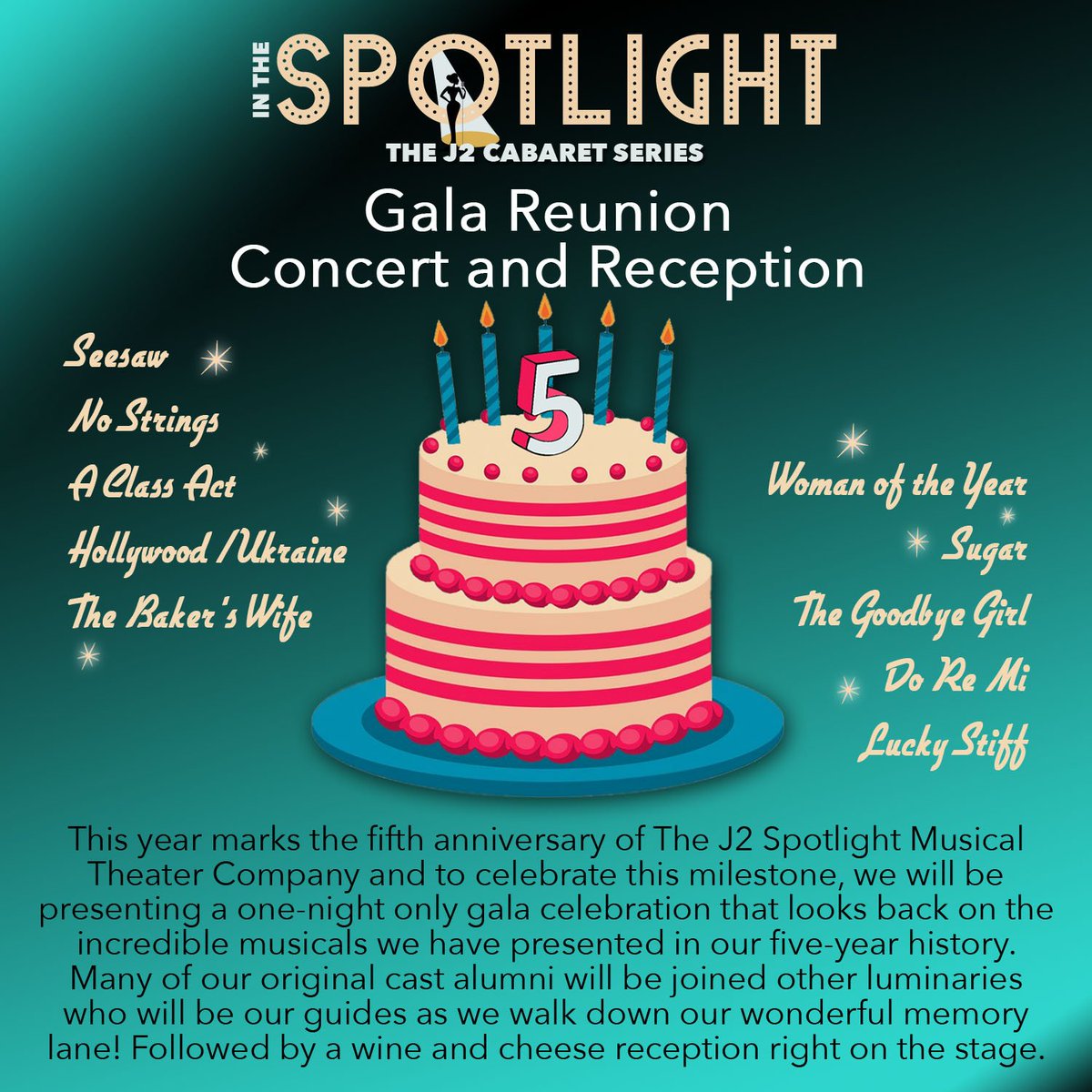 J2SpotlightNYC (@j2spotlightnyc) on Twitter photo 🌟 In The Spotlight: The J2 Cabaret Series continues with a very special evening celebrating our Fifth Anniversary! Join us for Take Five: Gala Reunion Concert and Reception on Tuesday, April 29th at 7:30pm at <a href="/AMTtheater45/">AMT Theater</a>.
Tickets: onthestage.tickets/show/the-j2-sp… 🌟 In The Spotlight: The J2 Cabaret Series continues with a very special evening celebrating our Fifth Anniversary! Join us for Take Five: Gala Reunion Concert and Reception on Tuesday, April 29th at 7:30pm at <a href="/AMTtheater45/">AMT Theater</a>.
Tickets: onthestage.tickets/show/the-j2-sp…