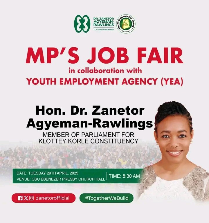 hon_rawlings's tweet photo. Join us tomorrow, 29th April 2025, at 8:30 AM at the Osu-Ebenezer Presbyterian Church Hall in the Klottey Korle Constituency for the MP's Job Fair! In collaboration with the Youth Employment Agency, Ghana and various companies, we’re creating opportunities for our youth to engage https://t.co/ZIbIsxl0pf