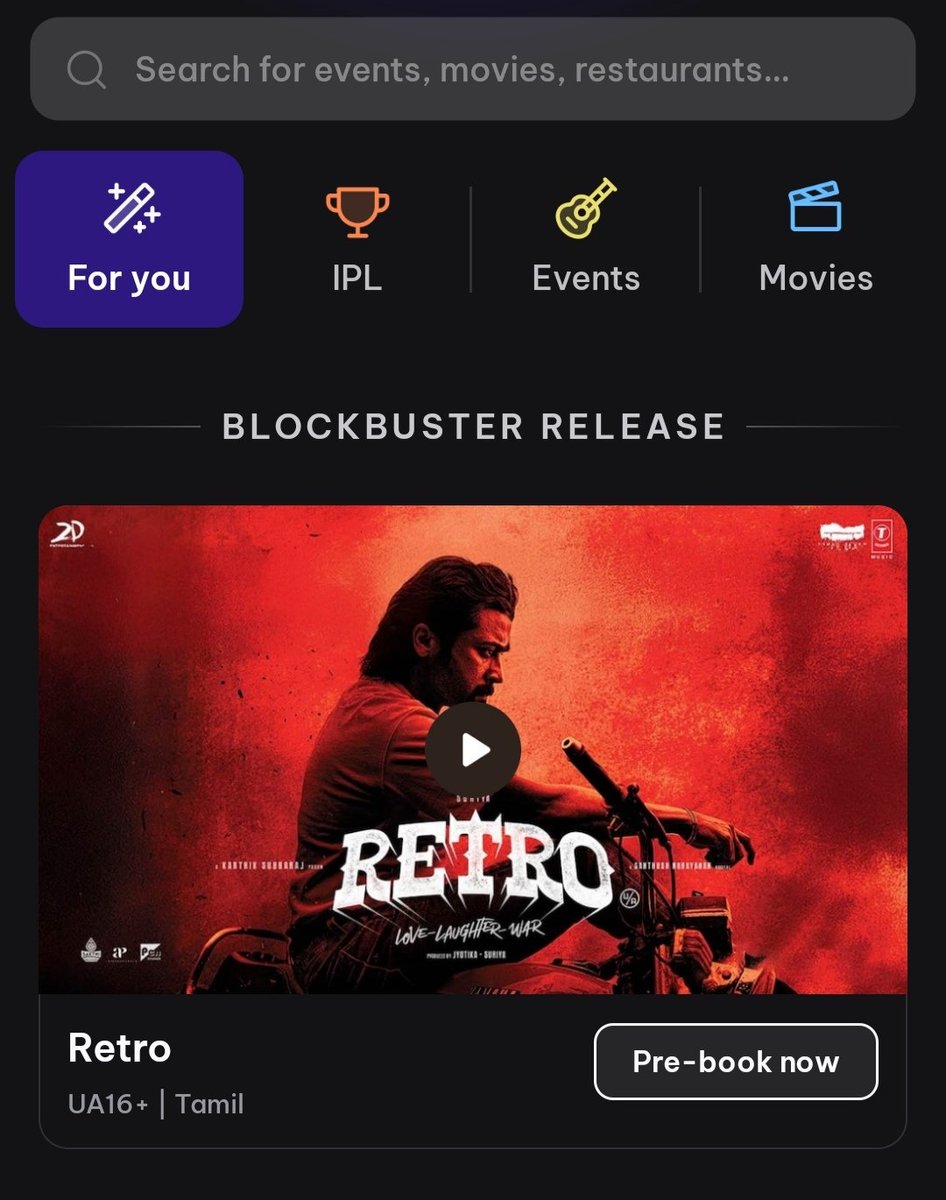 itz_gunal's tweet photo. Blockbuster Alert!
#Retro smashes records even before release!
7 Cr+ pre-bookings in Tamil Nadu alone! Unstoppable WOM, a historic high for any Tamil actor till now. ๐ฅ๐ฅต
Get ready for a roaring ride!
#RetroStorm #TamilCinema
https://t.co/tcOvzU8qz2 https://t.co/UizUlGdyek