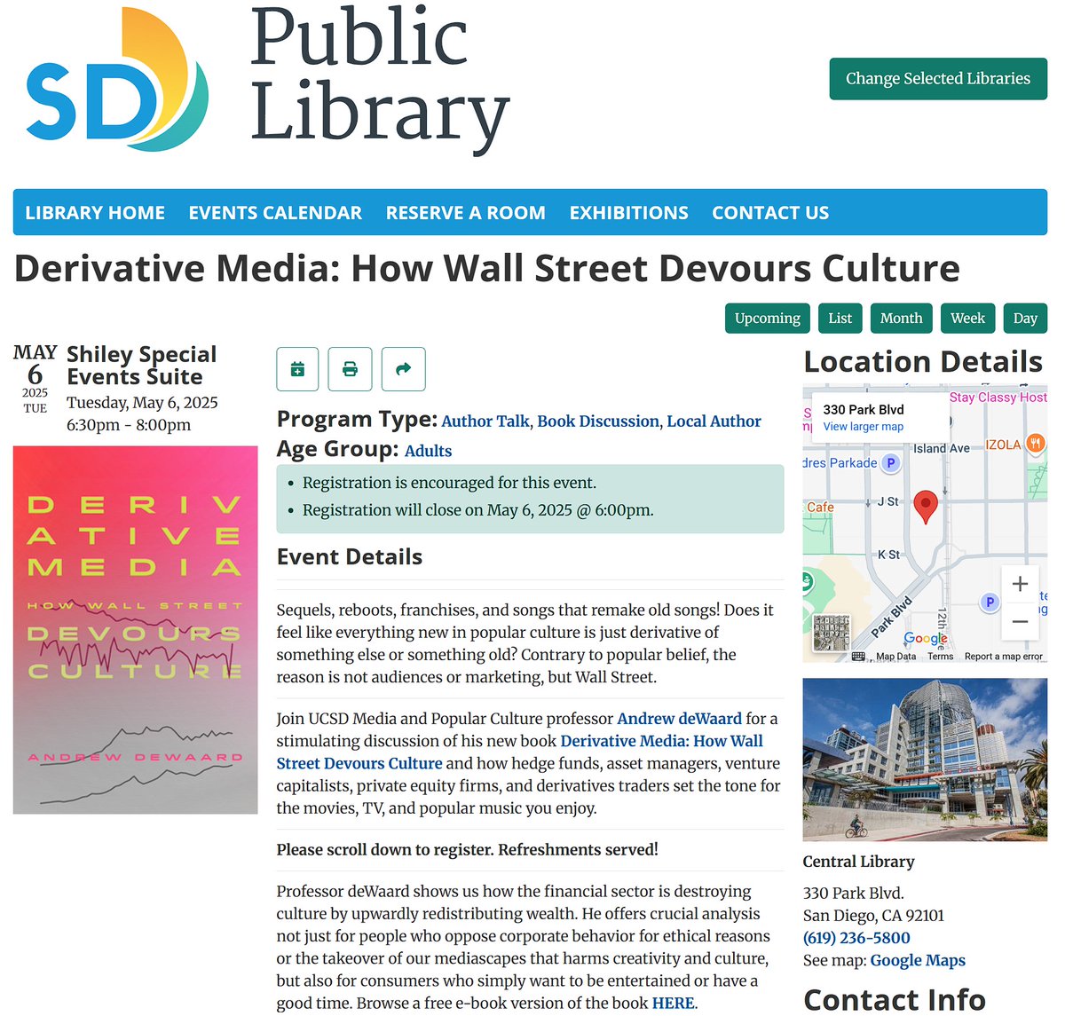 dewaard's tweet photo. I’m very excited to give a book talk for Derivative Media at San Diego Central Library on May 6 at 6:30pm. Registration encouraged. Refreshments served! 

Thanks @cherymarc &amp; @SDPublicLibrary 

https://t.co/IT0PXN3HAY https://t.co/WsXYFvwW4F