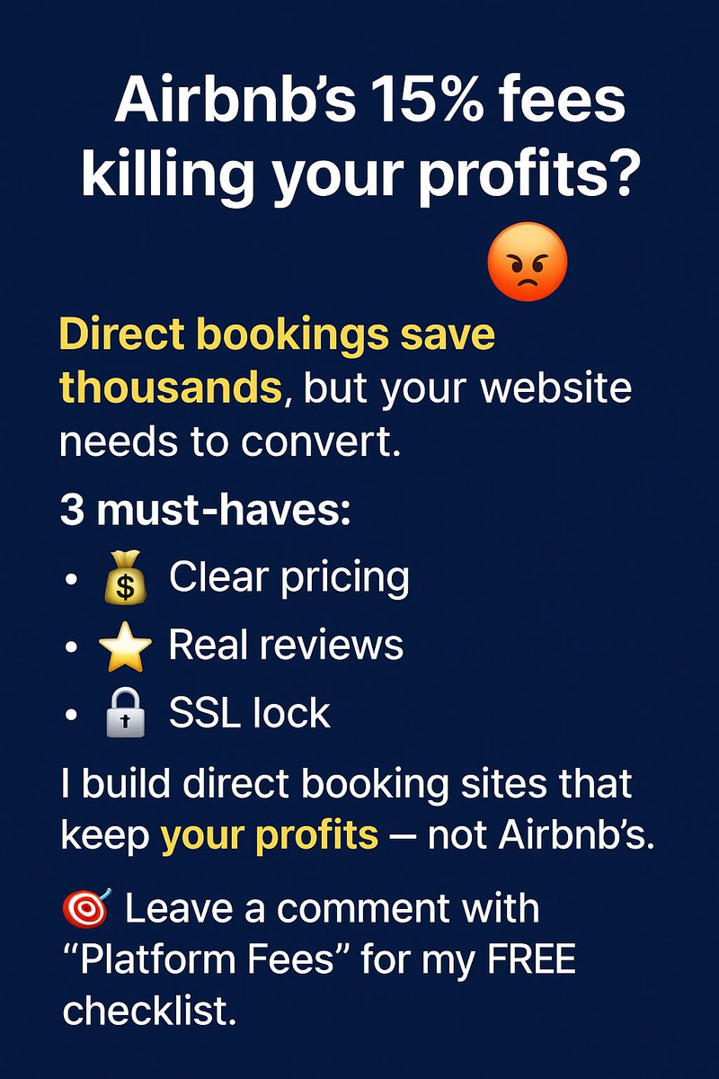 peaksitedesigns's tweet photo. Airbnb’s 15% fees draining you? 😡
Build a direct booking site that converts:
🔒 SSL security
⭐ Real reviews
💰 Clear pricing.
I build direct booking websites that cut fees.
Comment “Platform Fees” for my FREE checklist!
#STRhost #DirectBooking https://t.co/thxSZSuELd