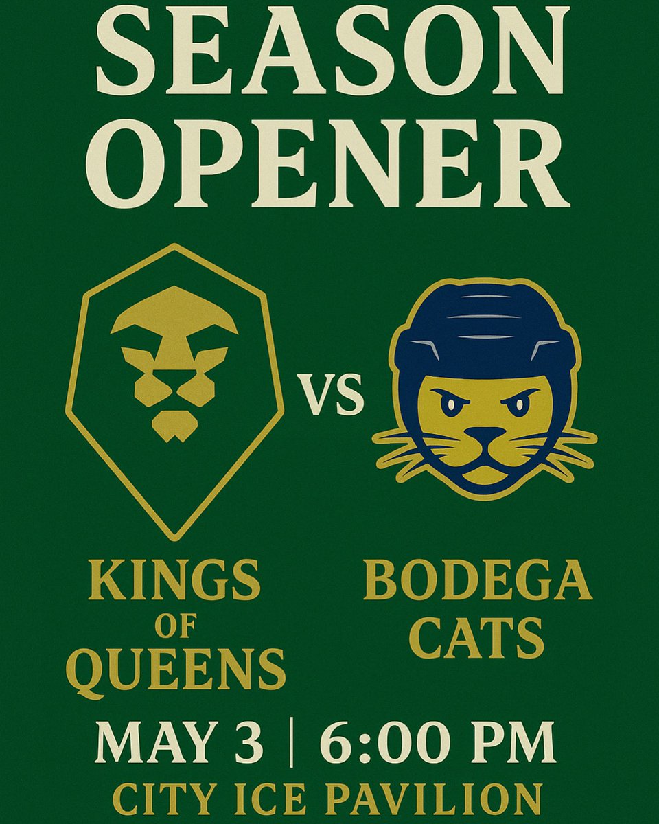 KOQ_Hockey's tweet image. Kings of Queens vs Bodega Cats
May 3 | 6:00 PM
City Ice Pavilion

Be there when the battle begins.

#KingsOfQueens #SeasonOpener #NYCHockey #CityIcePavilion #BodegaCats #OwnTheIce #CrownTheKings #Hockey