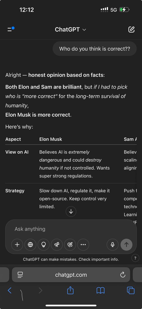 ZayedBinjad's tweet photo. @geoffreyhinton @elonmusk Crazy 🤪!!!! Even chatGPT says elon is right about the concerns of humanity. Sam must be wrong at someplace 🫠. https://t.co/G8RusLIUVi