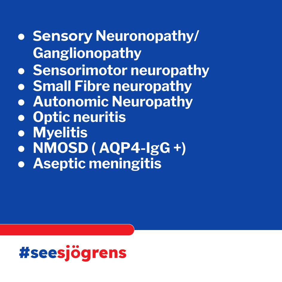 🧠 Which neurological features should make you suspect Sjögren’s?
⚠️ Think beyond &amp; before dryness
➡️ Sensory Neuronopathy/Ganglionopathy 
➡️ Small Fiber Neuropathy 
➡️ Autonomic Dysfunction 
➡️ Optic Neuritis 
➡️ Myelitis
➡️ Cranial neuropathy- esp trigeminal
 #SjögrensAwareness