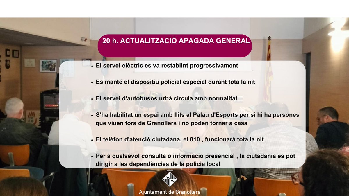 ÚLTIMA HORA APAGADA GENERAL 

    • El servei elèctric es va restablint progressivament
    • Es manté el dispositiu policial especial durant tota la nit 
    • El servei d'autobusos urbà circula amb normalitat
    • S'ha habilitat un espai amb llits al Palau d'Esports per si