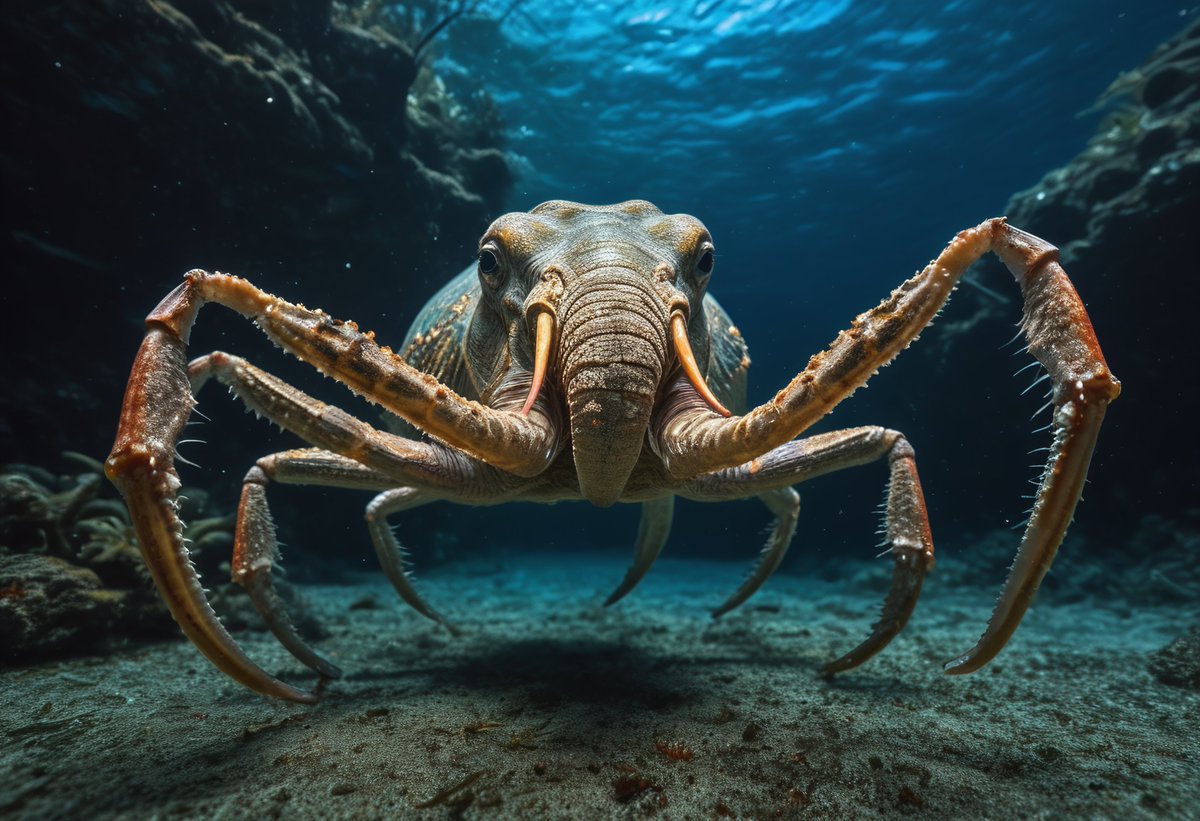 the_vectorizer's tweet image. Yes, there is also a lot of danger in artificial intelligence. Just like here: The elephant crab is a purely digital creation. It does not exist in reality.

The question remains: does it live on land or in water? Please tell me, then let's see how it moves in its habitat?