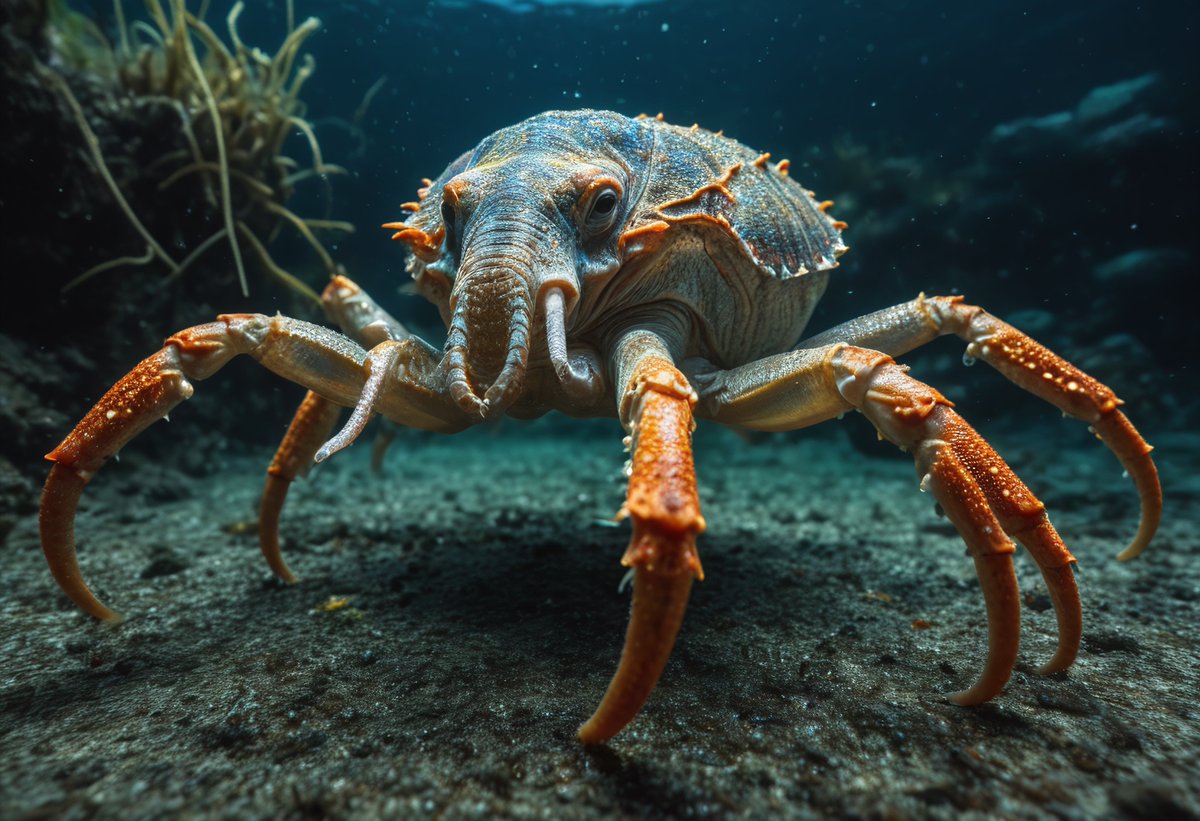 the_vectorizer's tweet image. Yes, there is also a lot of danger in artificial intelligence. Just like here: The elephant crab is a purely digital creation. It does not exist in reality.

The question remains: does it live on land or in water? Please tell me, then let's see how it moves in its habitat?