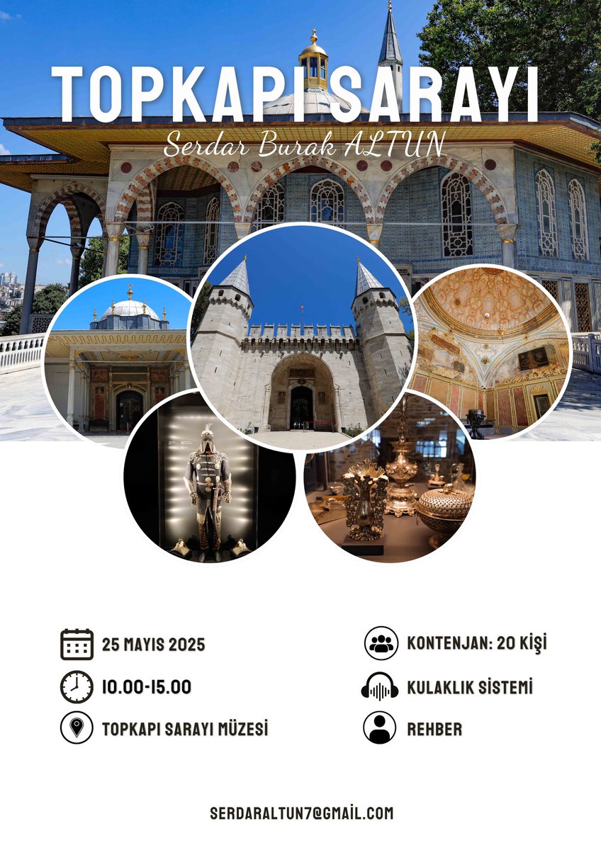 Topkapı Sarayı Gezisi :)

Yılda sadece bir gün düzenlediğimiz Topkapı turumuzu bu yıl 25 Mayıs 2025'te gerçekleştireceğiz. Son gezimiz oldukça keyifli geçmişti, yenisini iple çekiyorum.

Gezi planını öğrenmek için mesaj veya mail gönderebilirsiniz. Herkesi bekliyorum. :)