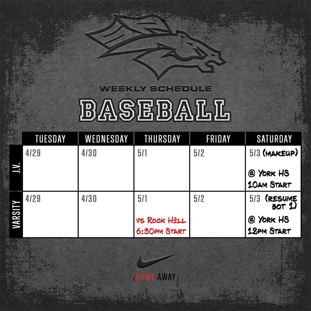 WEEKLY SCHEDULE

The Stallions finish the regular season this week… with Bonus Baseball on Saturday!

SP Baseball will host Rock Hill in a non-region matchup this Thursday. 

York rainouts will be held Saturday morning to close out region play.