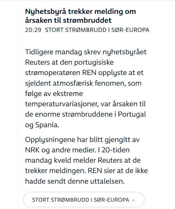 LukasJohansenX's tweet photo. @JanHerdal FAKENEWS: Reuters/NRK trekker melding om at temperaturvariasjoner er årsak til strømbrudd i Spania!
Reuters påstand er ren og skjær løgn - og NRK videreformidler til Norge!
Reuters er ikke hva det engang var - de produserer FAKE NEWS daglig nå!
#ReutersFakenews https://t.co/hFZjC4oXAm