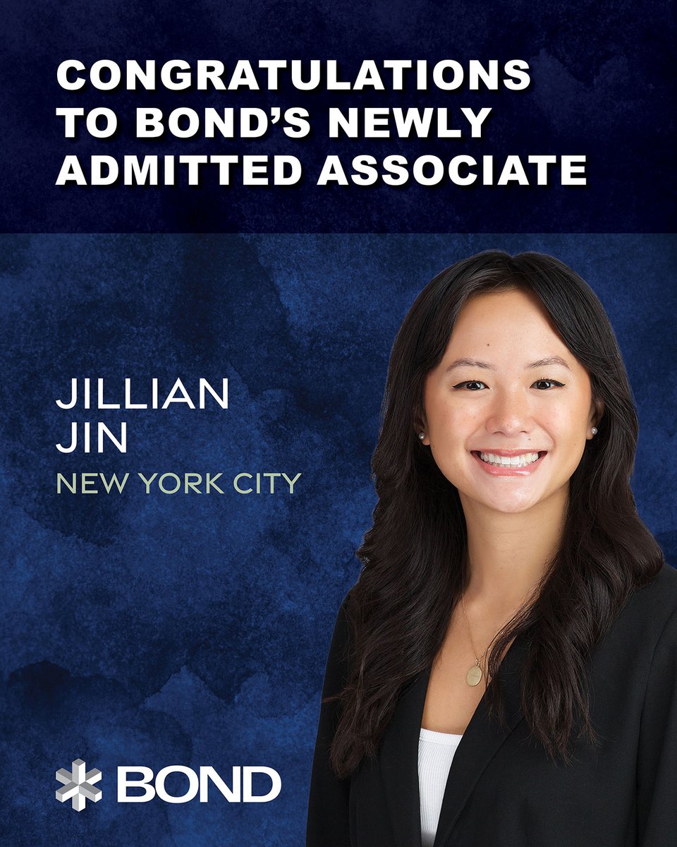 Congratulations to Bond attorney Jillian Jin who was admitted to the New York State Bar, First Department today!