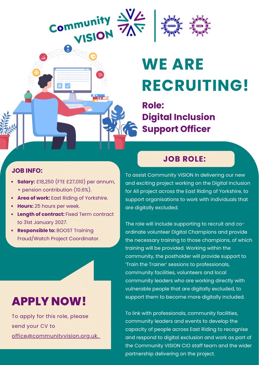 Community VISION (@cmtyvision) on Twitter photo #EastRiding
We are #recruiting for a Digital Inclusion Support Officer, check out the details of the role below.
Please email your CV to office@communityvision.org.uk. #EastRiding
We are #recruiting for a Digital Inclusion Support Officer, check out the details of the role below.
Please email your CV to office@communityvision.org.uk.
