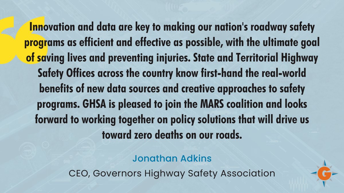 GHSA (@ghsahq) on Twitter photo GHSA is excited to join the Modern Analytics for Roadway Safety (MARS) Coalition to help create safer and more efficient roadway journeys across the nation. <a href="/pete_gould/">Pete Gould</a>
<a href="/TylerPowell/">Tyler Powell</a>
Statement of GHSA CEO <a href="/jraindc/">Jonathan Adkins</a> 🔽 GHSA is excited to join the Modern Analytics for Roadway Safety (MARS) Coalition to help create safer and more efficient roadway journeys across the nation. <a href="/pete_gould/">Pete Gould</a>
<a href="/TylerPowell/">Tyler Powell</a>
Statement of GHSA CEO <a href="/jraindc/">Jonathan Adkins</a> 🔽