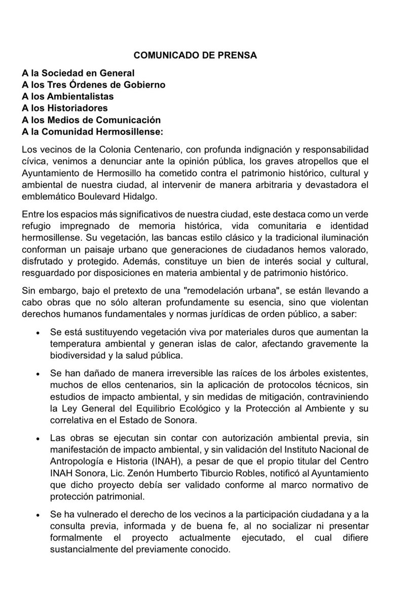 vecincentenario's tweet photo. Comunicado de prensa de los vecinos de la Colonia Centenario. 

@proyectopuente @soledaddurazo @expresomx @elimparcial @juanczuniga @VictorMendozaL @netoruizcarreon  @daniel_garciaes     @secretariahmo @tonoastiazaran @imcahermosillo https://t.co/iUoCW9SL9w
