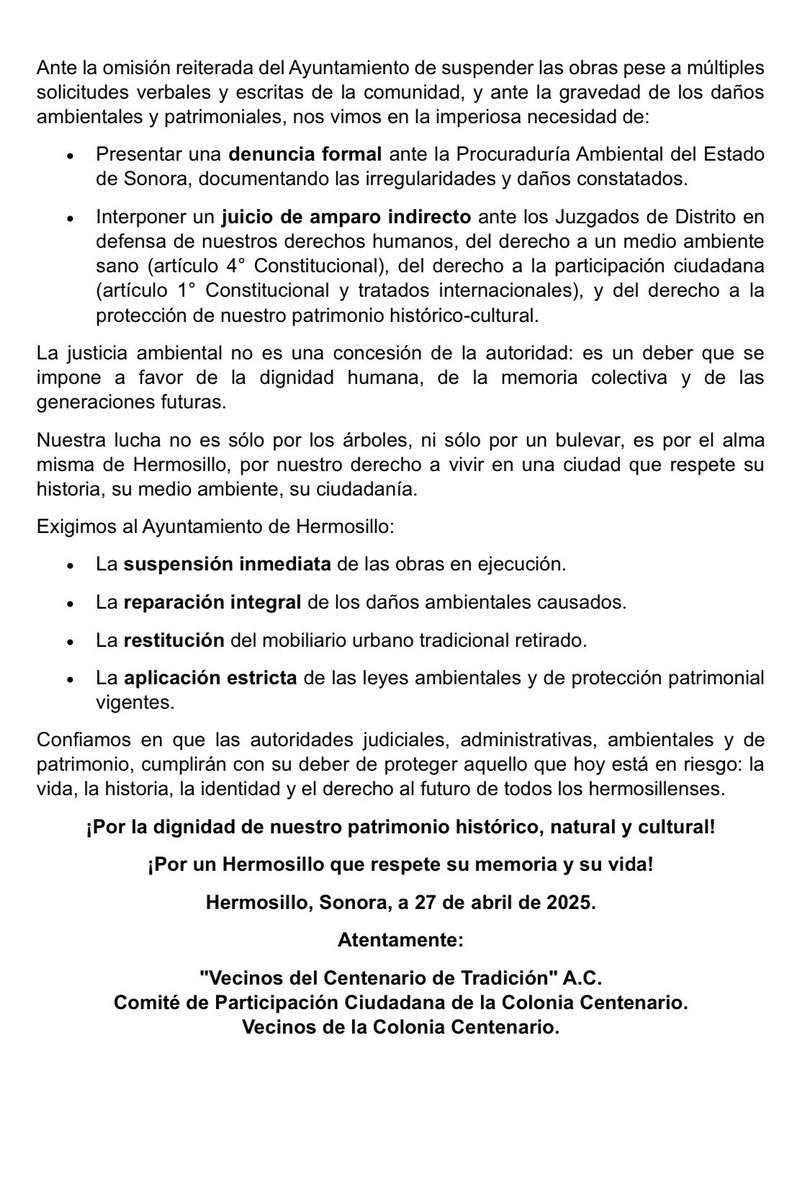 vecincentenario's tweet photo. Comunicado de prensa de los vecinos de la Colonia Centenario. 

@proyectopuente @soledaddurazo @expresomx @elimparcial @juanczuniga @VictorMendozaL @netoruizcarreon  @daniel_garciaes     @secretariahmo @tonoastiazaran @imcahermosillo https://t.co/iUoCW9SL9w
