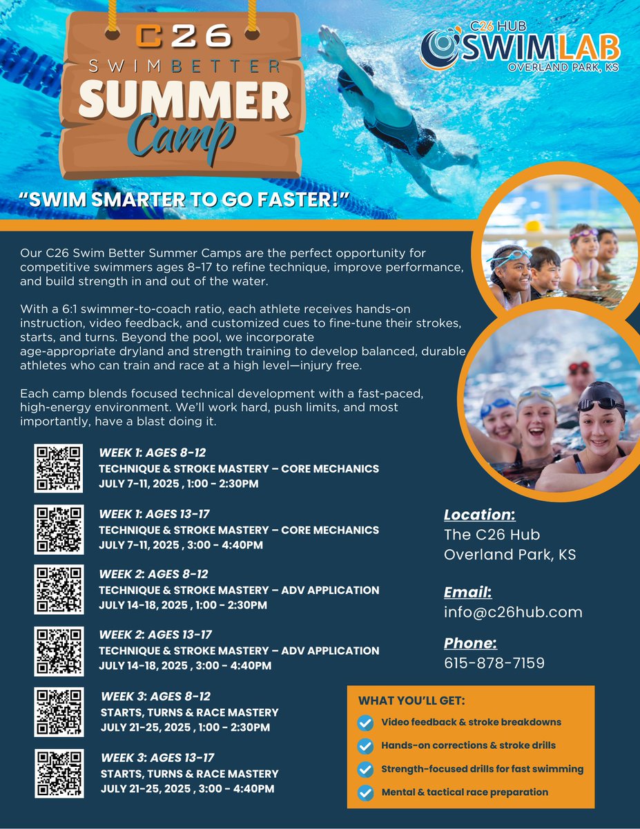 Dive into summer fun with C26 Hub Swimming Camps! Each camp blends focused technical development with a fast-paced, high-energy environment!

Learn more about our tenant, C26 Hub: c26hub.com