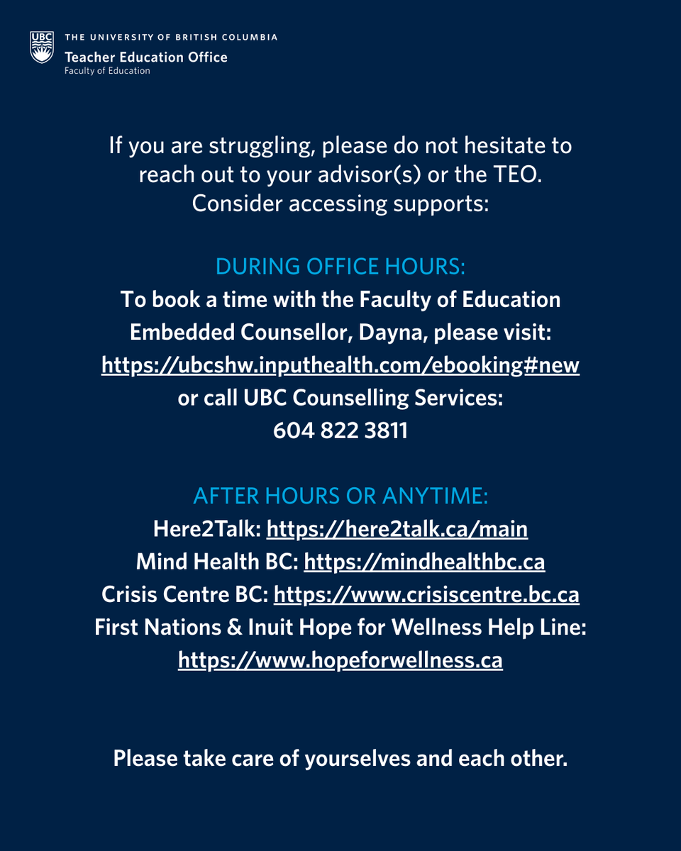 Teacher candidates, when you are in schools this week, please check in with your administrator and school advisor about any supports the district is offering to students who may be impacted in your school community, or for guidance about how to support students in the classroom.