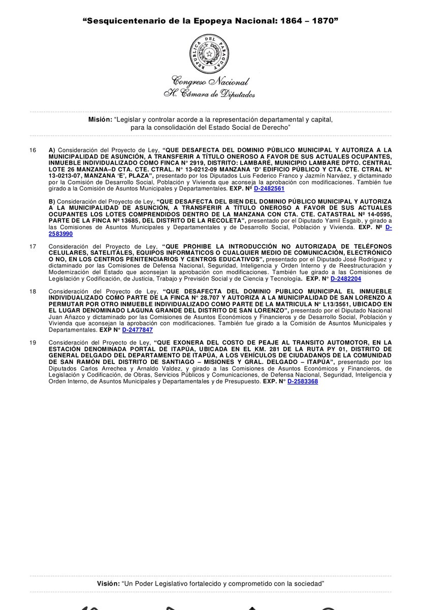 Orden del día de la Sesión Ordinaria de <a href="/DiputadosPy/">Cámara de Diputados</a> del martes 29 de abril de 2025, convocada para las 9:00 horas. Están previstos 19 puntos a ser considerados 🧾✅

Transmisión en vivo 📻📺
<a href="/Radiocamarapy/">Radio Cámara Py</a>
<a href="/tvcamarapy/">TV CÁMARA</a> 

Más información 📱✨
diputados.gov.py