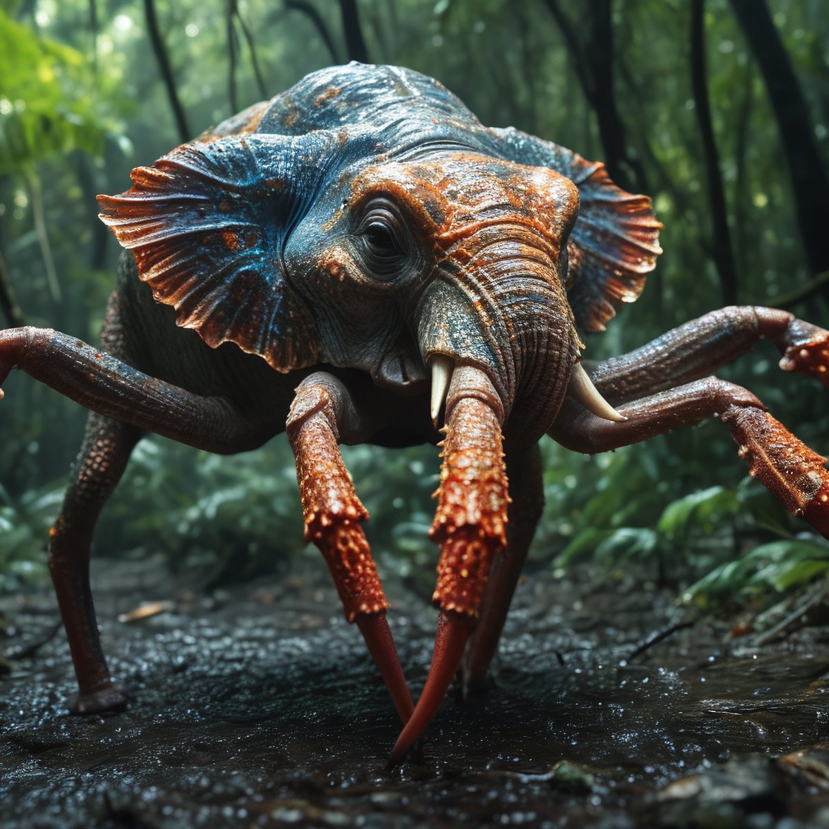 the_vectorizer's tweet image. Yes, there is also a lot of danger in artificial intelligence. Just like here: The elephant crab is a purely digital creation. It does not exist in reality.

The question remains: does it live on land or in water? Please tell me, then let's see how it moves in its habitat?