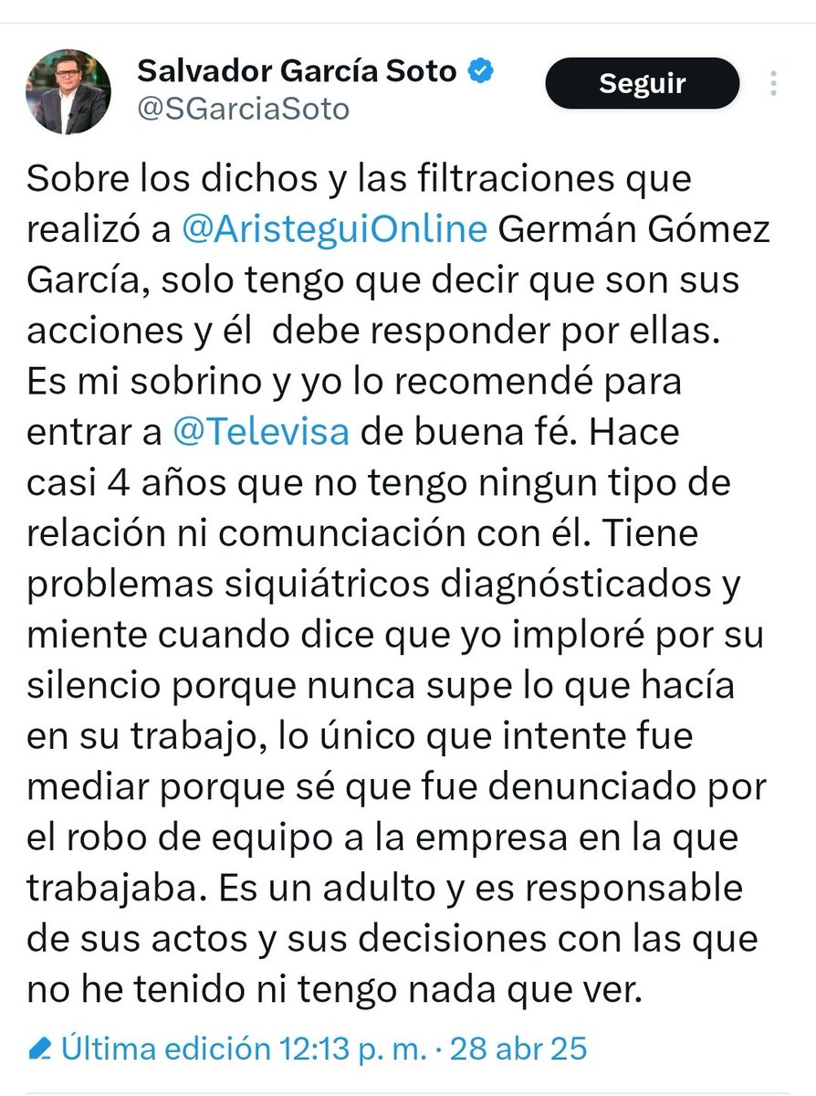catrina_nortena's tweet photo. #TelevisaLeaks
🚨 SE DESCUBREN MONTAJES DE TELEVISA

El joven Germán Gómez, sobrino de @SGarciaSoto de @El_Universal_Mx, entró a Televisa gracias a su tío García Soto y cuenta como Televisa le daba información para golpear a empresas incómodas.

Tan fuerte son sus declaraciones que el periodista de El Universal ya tuvo que salir públicamente a tratar de deslindarse...