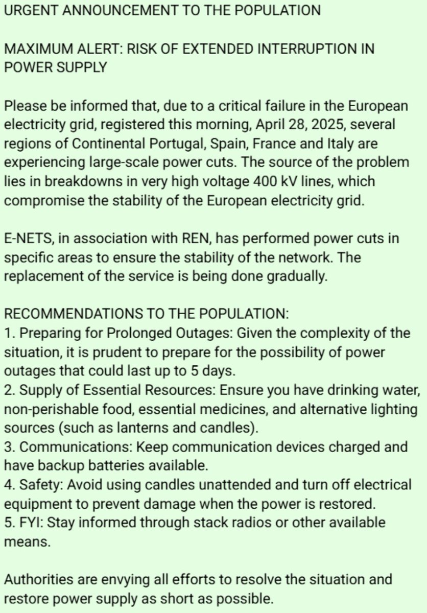 DrMargaretShow's tweet photo. 🚨#BREAKING 🚨EUROPE HAS PLUNGED INTO DARKNESS! ⚡🌑  

THE FOLLOWING COUNTRIES ARE IN A MASSIVE BLACKOUT, WITHOUT ELECTRICITY: 

— Belgium
— France
— Southern Italy 
— Spain
— Portugal

Madrid’s Barajas Airport is dead, the subways are stalled, and cell phones are silent. 

Experts say: “Grid’s a house of cards.” 

Cause: See notice provided to a person in Portugal before her cell went down: weather damage (see below) to very high voltage, 400 kV power grid (see below)

#Blackout #Europe