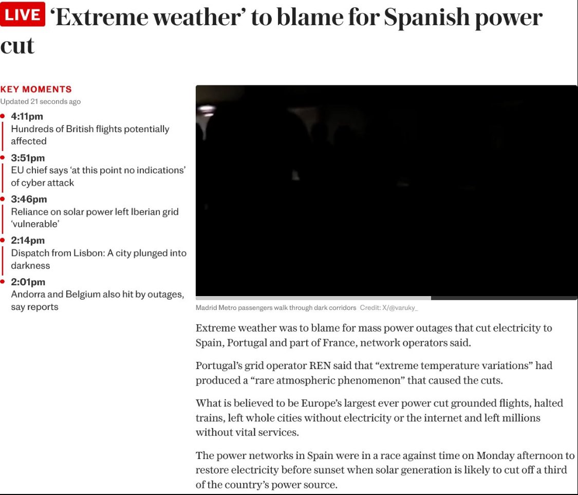 DrMargaretShow's tweet photo. 🚨#BREAKING 🚨EUROPE HAS PLUNGED INTO DARKNESS! ⚡🌑  

THE FOLLOWING COUNTRIES ARE IN A MASSIVE BLACKOUT, WITHOUT ELECTRICITY: 

— Belgium
— France
— Southern Italy 
— Spain
— Portugal

Madrid’s Barajas Airport is dead, the subways are stalled, and cell phones are silent. 

Experts say: “Grid’s a house of cards.” 

Cause: See notice provided to a person in Portugal before her cell went down: weather damage (see below) to very high voltage, 400 kV power grid (see below)

#Blackout #Europe