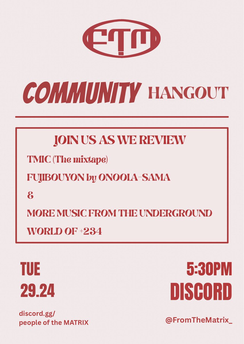 Calling all creatives! 🎉 The FTM Community Hangout is happening TOMORROW on Discord! Come connect, join us to review amazing music from the +234 and vibe with fellow creatives. Details in the poster—don’t miss out! ✨ #CreativeCommunity #HangoutVibes