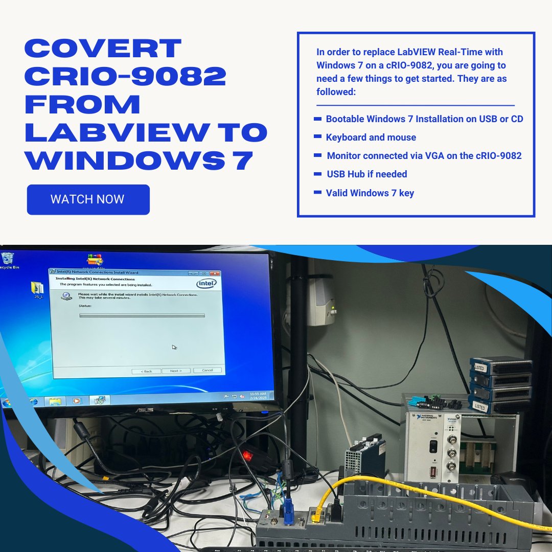 ApexWaves's tweet image. Need to swap out LabVIEW Real-Time for Windows 7 on your cRIO-9082? We've got you covered! 🛠️ In our latest tutorial, we walk you through the full process—from boot setup to Windows installation—step-by-step. #LabVIEWRT #Windows7 #NIHardware #Engineering #TestEquipment