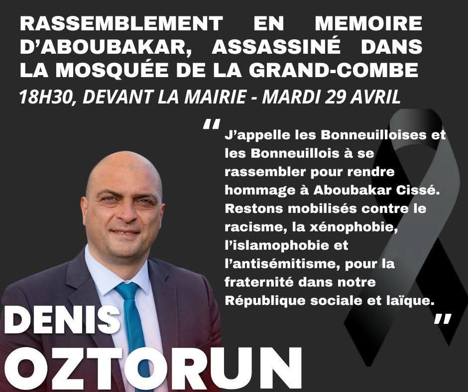 Le meurtre d'Aboubakar Cissé est le symptôme d'une société malade, nourrie par l'extrême droite et des médias qui banalisent la haine raciste et islamophobe. Rassemblement devant la mairie pour exiger une République fidèle à ses promesses de justice, d’égalité et de fraternité.
