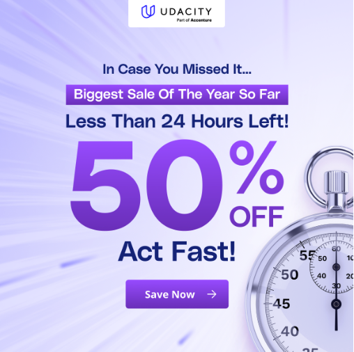 udacity's tweet image. ⏰ Last day to save 50%!

The window is closing fast to be one of the first 500! Enroll now for 50% off of tech’s most in-demand skills. Get the latest and greatest in AI, programming, data science, and more from the experts shaping the fields. bit.ly/3GlA149

#first500