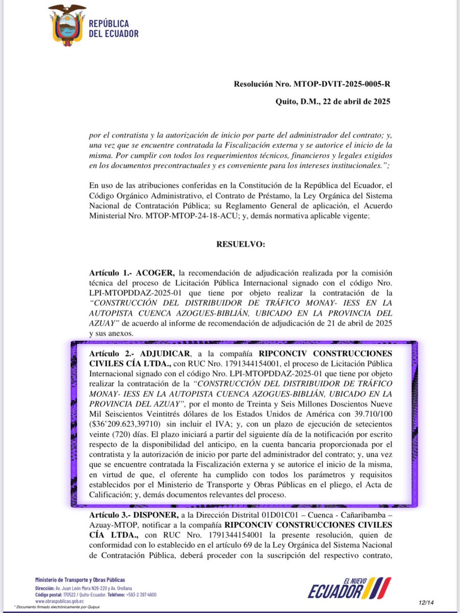 🚧👷🏼‍♂️Desde el primer día hemos trabajado fiscalizando la conectividad del #Azuay, con trabajo eficaz y coordinado, no con berrinches que se van en el aire.

✅Hoy finalmente podemos decirles que ha sido adjudicado el primero de los 4 pasos elevados de la vía Cuenca - Azogues por