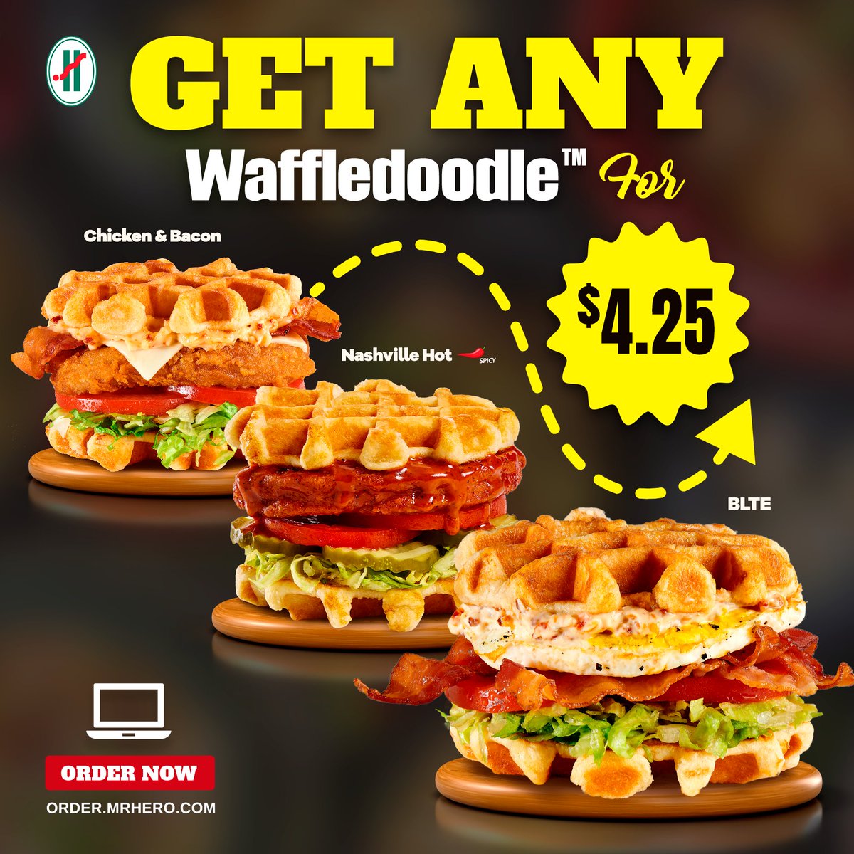 Mr. Hero is celebrating their 60th anniversary come May.  In honor of such a BIG deal, we wanted to give our customers a BIG offer!
For a limited time, get any Waffledoodle™ for only $4.25 each. Choose from the Chicken &amp; Bacon, Nashville Hot, or BLTE.