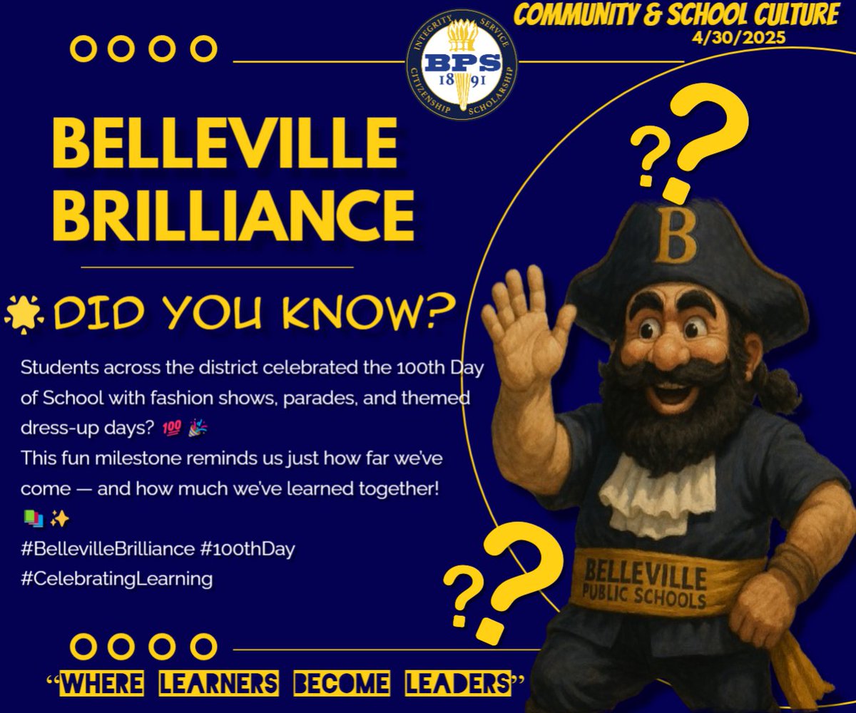 belleville_ps's tweet image. 🌟 Did you know?
Belleville students celebrated the 100th Day of School with fashion shows, parades &amp;amp; themed days! 💯🎉
A milestone celebrating how much we’ve learned — and how far we’ve come! 📚

#BellevilleBrilliance #100thDay #CelebratingLearning