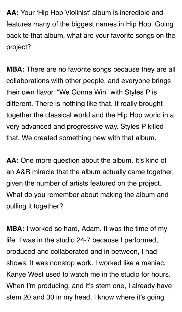 brokencool's tweet photo. Miri Ben-Ari (@MiriBenAri) is The Hip Hop Violinist.

For this month’s Hip Hop Museum (@thhmuseum) Q&A, I spoke with Miri about her first discovering Hip Hop, her frequent collaborations with Kanye West (@kanyewest), his late mother Donda, and what she thinks about Kanye now, performing at Summer Jam 2001 with Jay-Z, and more.

Miri on first discovering Hip Hop:

“I was excellent in classical music—like a child prodigy. But I wanted to fly, and I never knew that that was possible until I heard Charlie Parker and his saxophone. I moved to the US to learn how to improvise. And somehow, I had enough of the fundamentals, common sense, and understanding of music to realize that if I could improvise in Jazz, I could grow wings and do whatever I wanted to do.

I remember the first time I heard Biggie Smalls. It was the first time I heard Hip Hop where I really paid attention. It was a passing car, and I was walking on West 3rd Street in New York City. This is where Hip Hop got me. I was like, what is this? What is that sound? That’s when I discovered Hip Hop.”

Read the article here: https://t.co/F6Ey4ubKMb