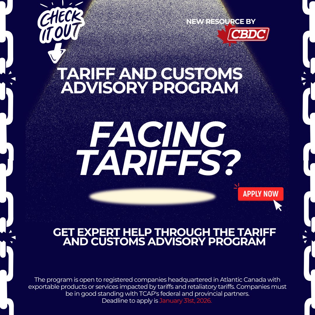 Check out this program from CBDC 🌍 The Tariff and Customs Advisory Program (TCAP) helps Atlantic Canadian businesses navigate tariffs, optimize supply chains, and stay compliant.

🔗cbdc.ca/en/programs/ta…