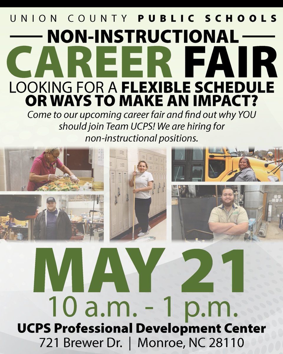 Be part of something bigger! ⭐UCPS is hosting a Non-Instructional Career Fair on May 21st. Join us and discover amazing opportunities! @ucpsnc @aghoulihan