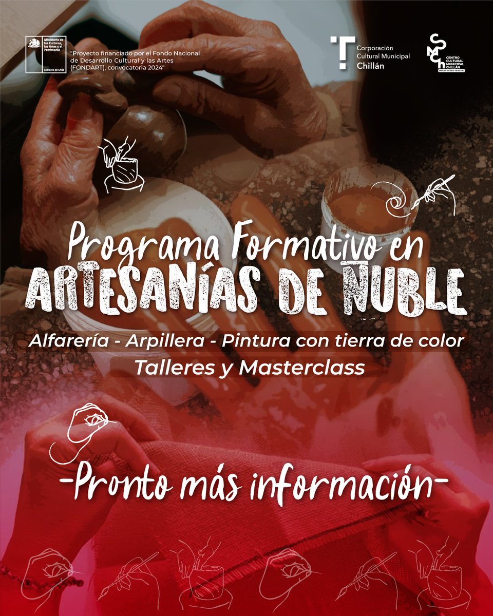 ccmch_'s tweet photo. Sé parte del Programa Formativo en Artesanías de Ñuble🎨🏺

PRONTO MÁS INFORMACIÓN

Las actividades son gestionadas por la Corporación Cultural Municipal de Chillán a través del Centro Cultural Municipal y financiadas por el Ministerio de las Culturas, las Artes y el Patrimonio. https://t.co/5qgXBFFT0Y
